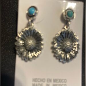 LONG 925 SILVER AND TURQUOISE DANGLING DISC EARRINGS